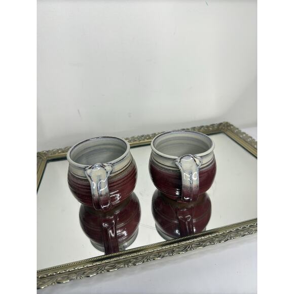 Beautiful Studio Art Pottery Mugs Pair of 2 Drip Glaze Artist Signed Red Cream - Picture 6 of 10